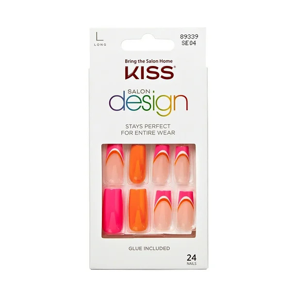 KISS Salon Design Medium Coffin Glue-On Nails, Glossy Dark Pink, 24 Count | Walmart (US)