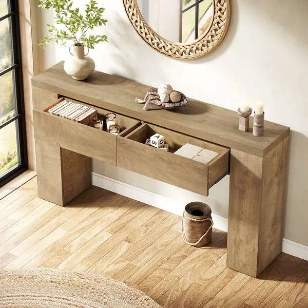 63" Wood Console Table With Drawers, Rustic Brown Sofa Console Table | Bed Bath & Beyond