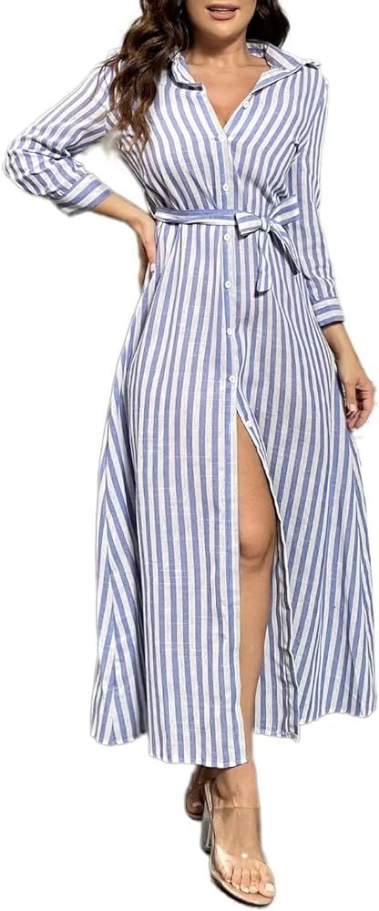 Flamingals Maxi Dresses for Women 2023 Stripe Print Belted Button Up Shirt Party Formal Dress | Amazon (US)