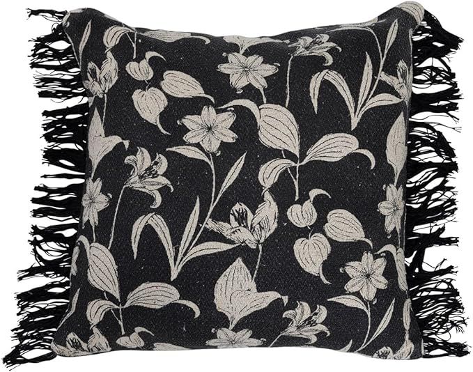 Creative Co-Op Recycled Cotton Printed Floral Pattern and Fringe Pillow, 20" L x 20" W x 2" H, Mu... | Amazon (US)
