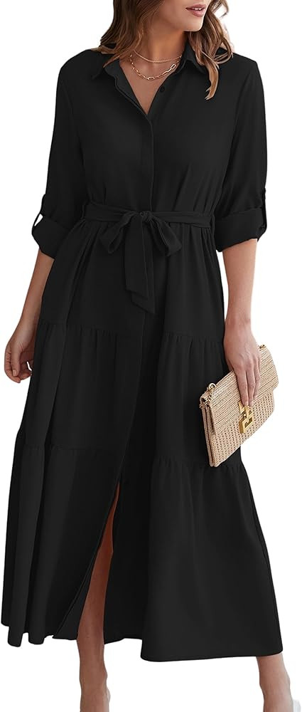 ECOWISH Women's Maxi Shirt Dress - 2024 Long Sleeve Button Casual Fall A-line Work Tiered Dresses... | Amazon (US)