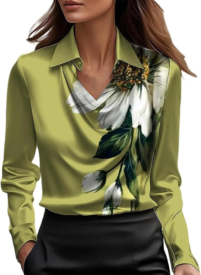 Blouses for Women Dressy Casual, Cowl Neck Long Sleeve Satin Silk Blouse, Elegant School Office W... | Amazon (US)