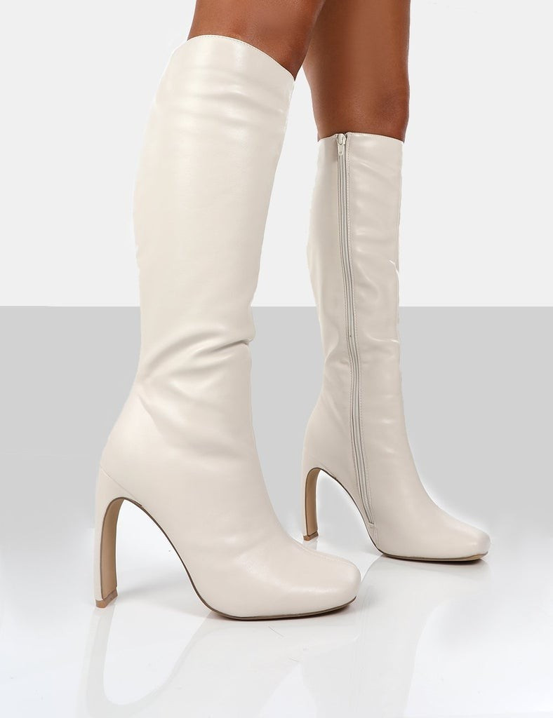 Peppa Ecru Block Heel Knee High Boots | Public Desire (US & CA)