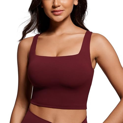 CRZ YOGA Butterluxe Womens Square Neck Longline Sports Bra - Workout Crop Tank Tops Padded Yoga Camisole with Built in Pads Red Merlot X-Large | Amazon (US)