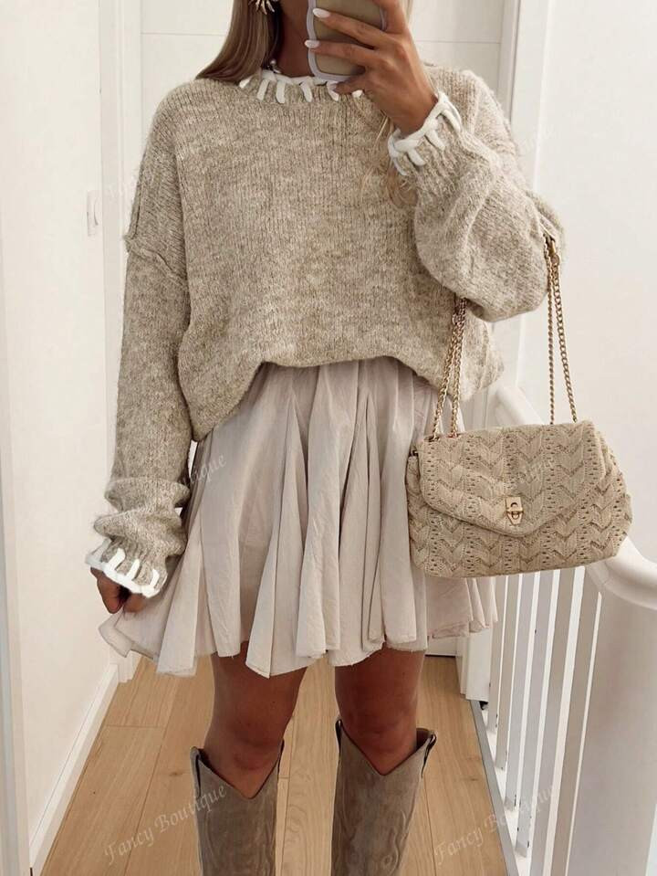 Autumn/Winter Casual Contrast Color Ribbed Oversized Sweater,Long Sleeve Tops | SHEIN