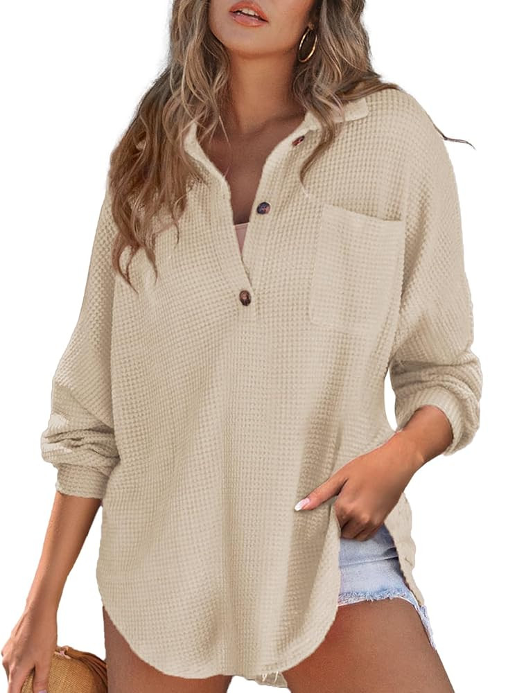 Astylish Women Waffle Knit Tops Henley Shirts Long Sleeve V Neck Solid Color Casual Tunic | Amazon (US)