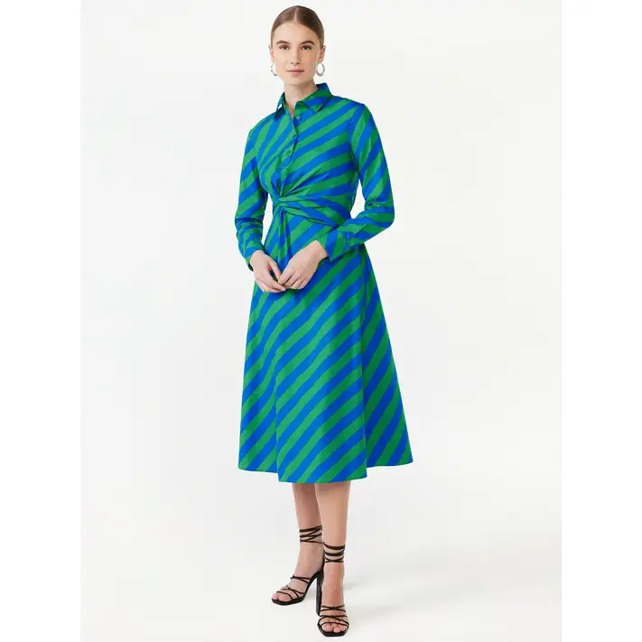 Scoop Women's Side Knot Poplin Midi Shirt Dress with Long Sleeves, Sizes XS-XXL | Walmart (US)