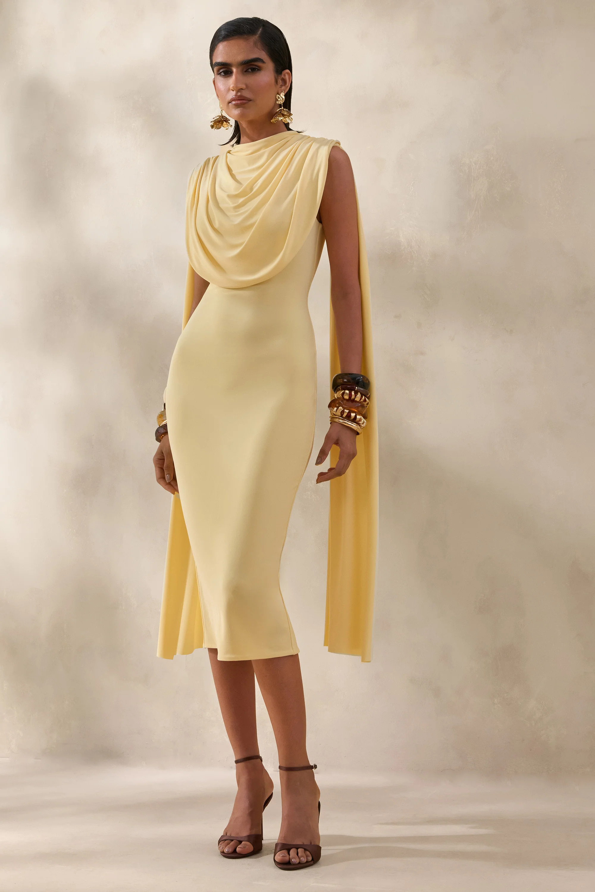 Lysandria | Lemon High-Neck Midi Dress With Draped-Detailing | Club L London