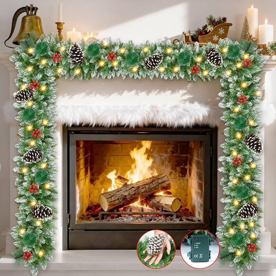 Christmas Garland, 9Ft Christmas Garland with Lights & Timer, 50LED Waterproof Battery Operated L... | Amazon (US)
