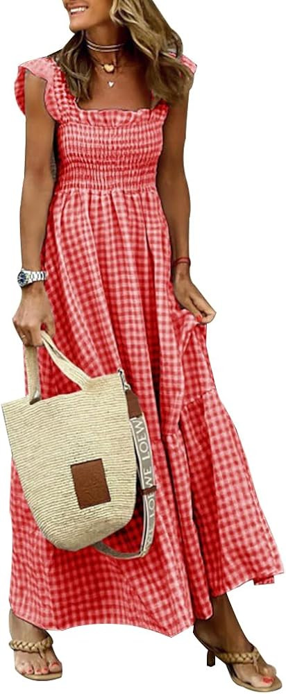 Sleeveless Maxi Dress for Women Gingham Dress Plaid Dress Scoop Neck Smocked Dress High Waist Flo... | Amazon (US)