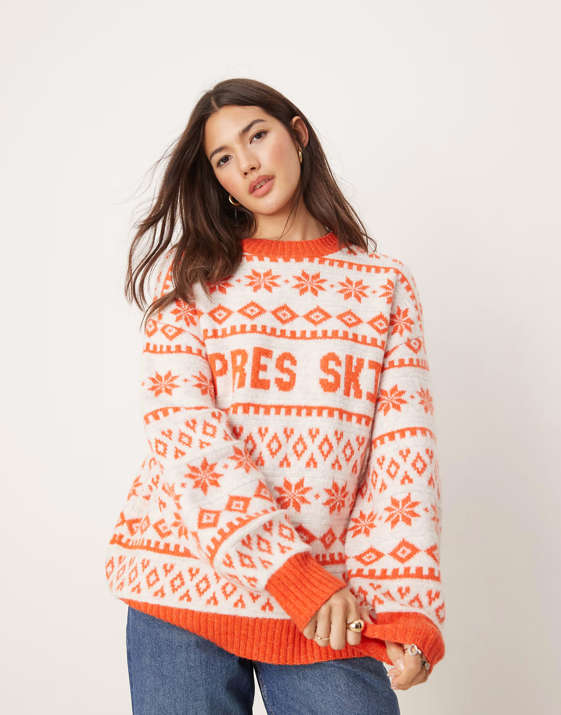 ASOS DESIGN oversized crew neck apres ski jumper with fairisle pattern in red | ASOS (Global)