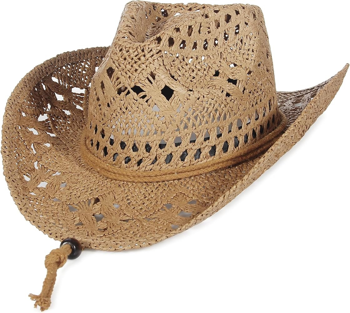 GEMVIE Straw Cowboy Cowgirl Hat for Men Women Summer Hollow Out Straw Cowboy Hats with Chin Strap | Amazon (US)