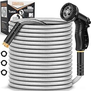 Metal Garden Hose 100FT, Stainless Steel Heavy Duty Water Hose With 10 Function Nozzle, No-Kink, ... | Amazon (US)