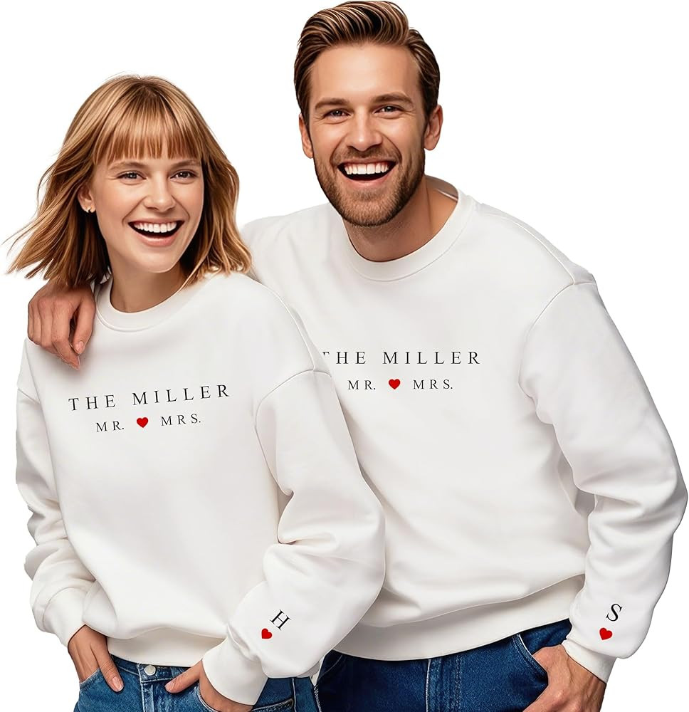 Personalized Husband and Wife Sweatshirt, Custom Initial Heart on Sleeve, Just Married Sweatshirt... | Amazon (US)