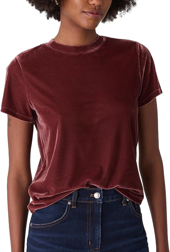 Womens Velvet Tshirt Crew Neck Short Sleeve Tees Dressy Party T-Shirt Velvet Pullover Tops | Amazon (US)