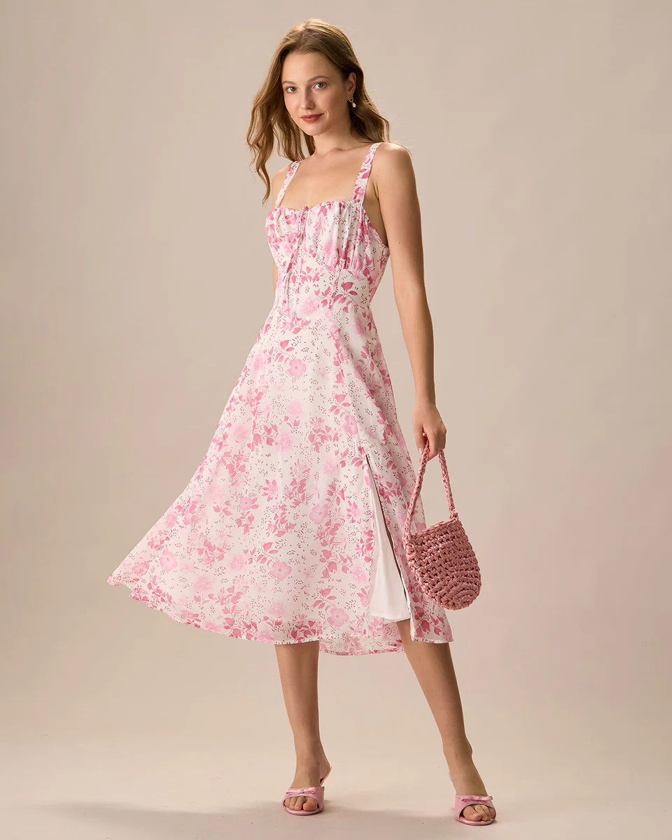 The Pink Square Neck Floral Ruched Midi Dress | rihoas.com