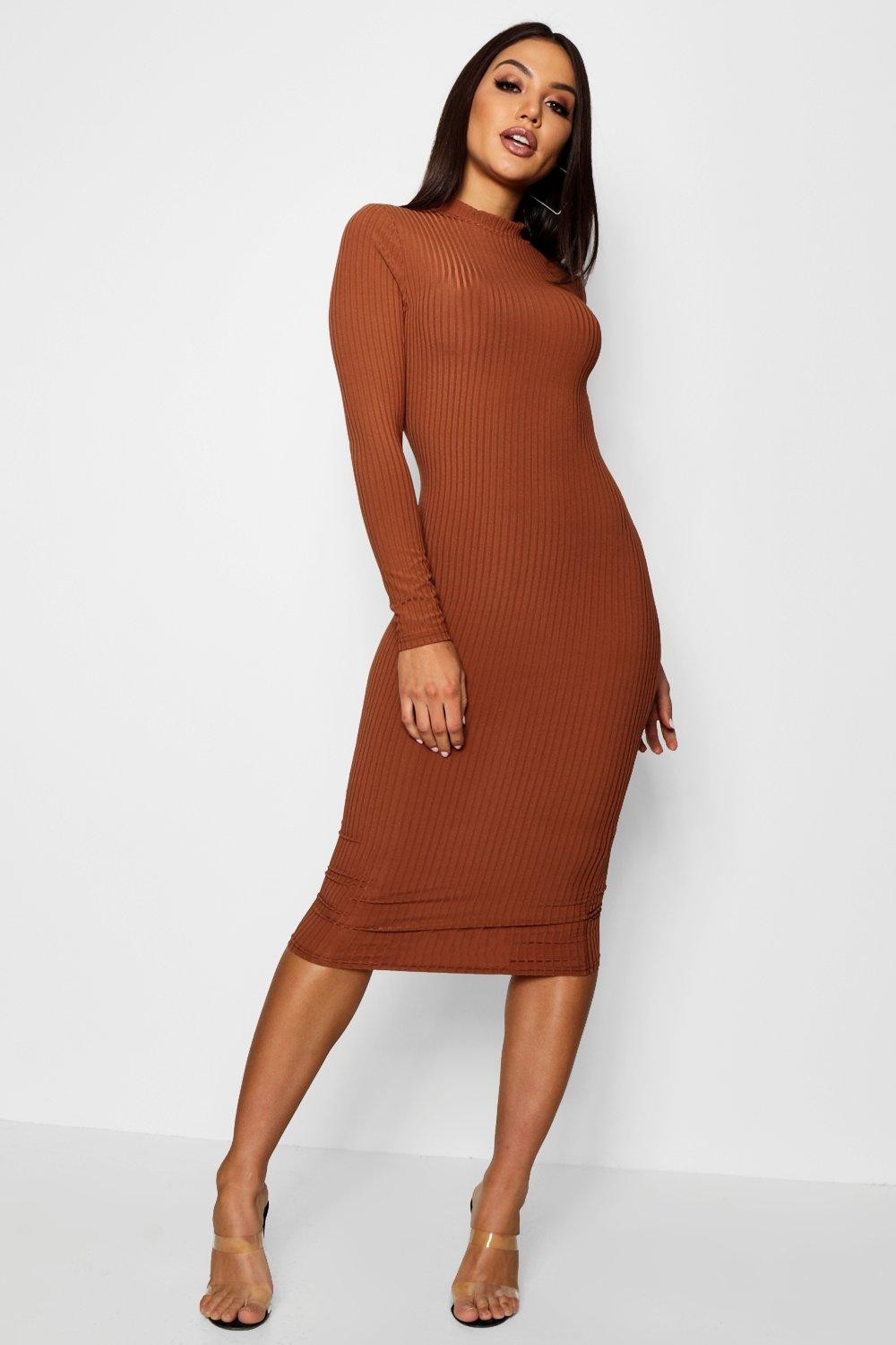 Womens Ribbed High Neck Long Sleeved Midi Dress - Brown - 12 | Boohoo.com (US & CA)