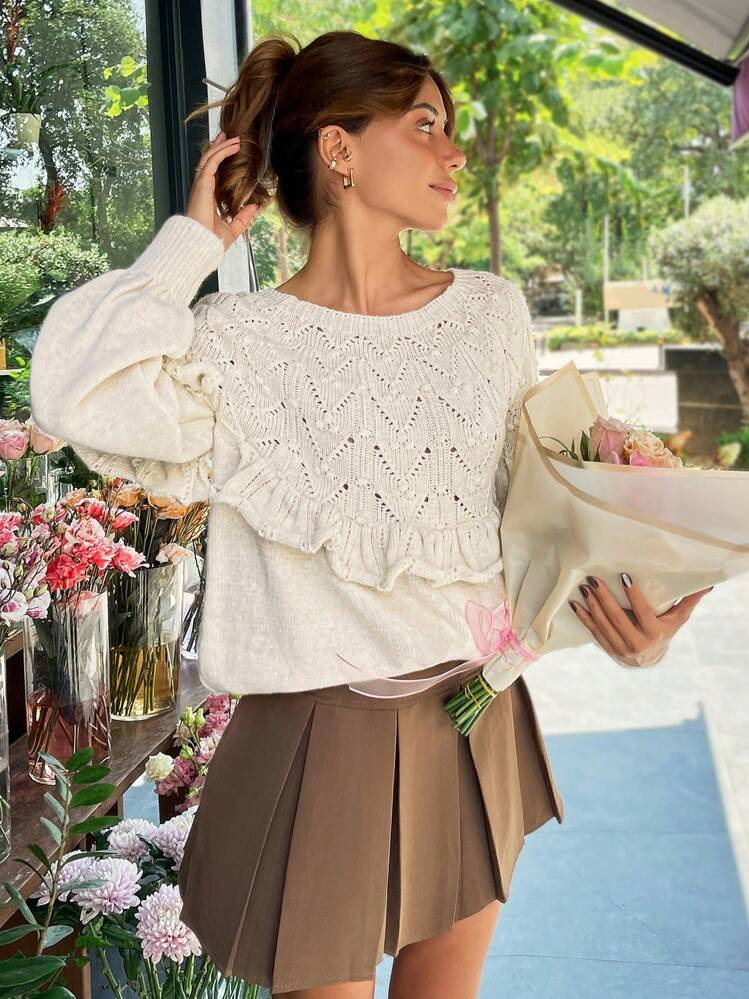 Women's Autumn/Winter Long Sleeve Ruffled Jacquard Knit Sweater | SHEIN