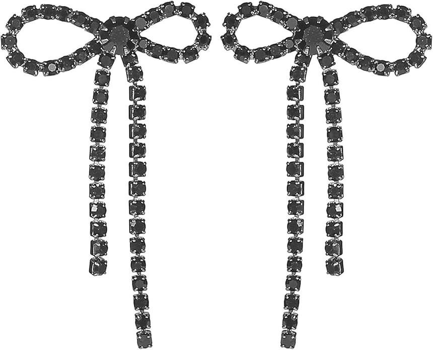 Bow Earrings for Women Rhinestone Long Tassel Earrings Ribbon Bow Drop Earring Silver Stainless S... | Amazon (US)