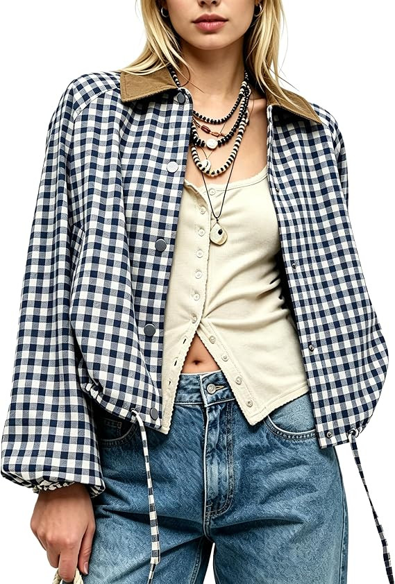 Women Gingham Jacket Corduroy Collar Shacket | Amazon (US)