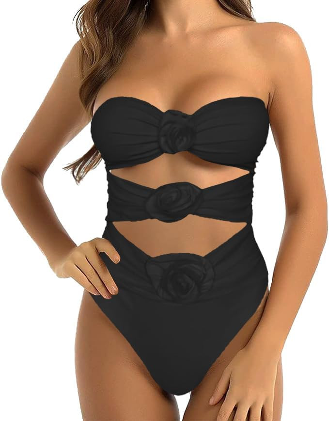 SherryDC Women's Sexy One Piece Swimsuit Cutout 3D Flower High Cut Ruched Tummy Control Bathing S... | Amazon (US)