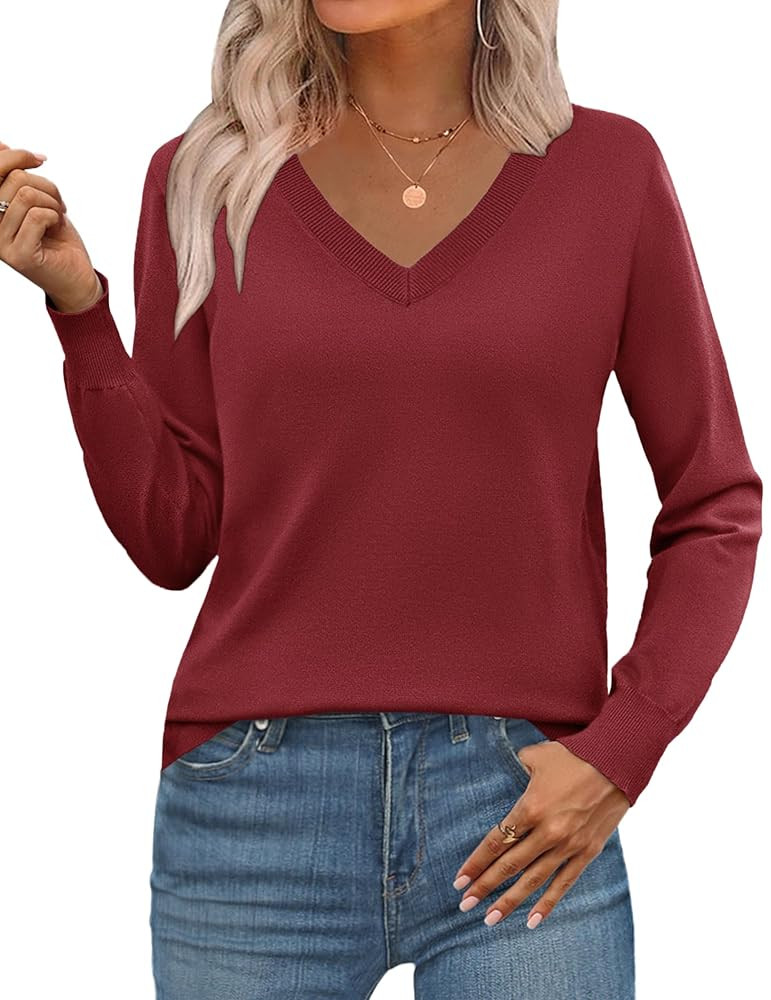 Zeagoo Women's 2025 Fall V Neck Sweater Trendy Long Sleeve Casual Lightweight Ribbed Knit Pullove... | Amazon (US)