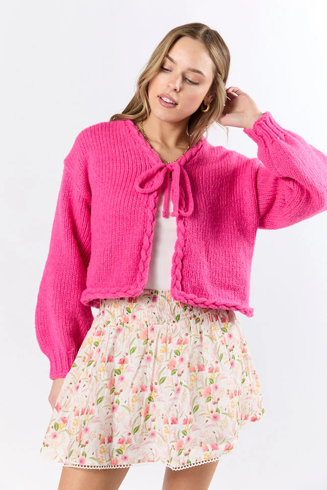 Limitless Love Hot Pink Braided Trim Tie Front Cardigan | Pink Lily