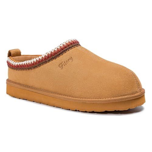 FITORY Women's Suede Slipper, Flat Slip On House Shoes with Faux Fur Lining Indoor Outdoor Short Mini Boots Khaki Size 7 | Amazon (US)