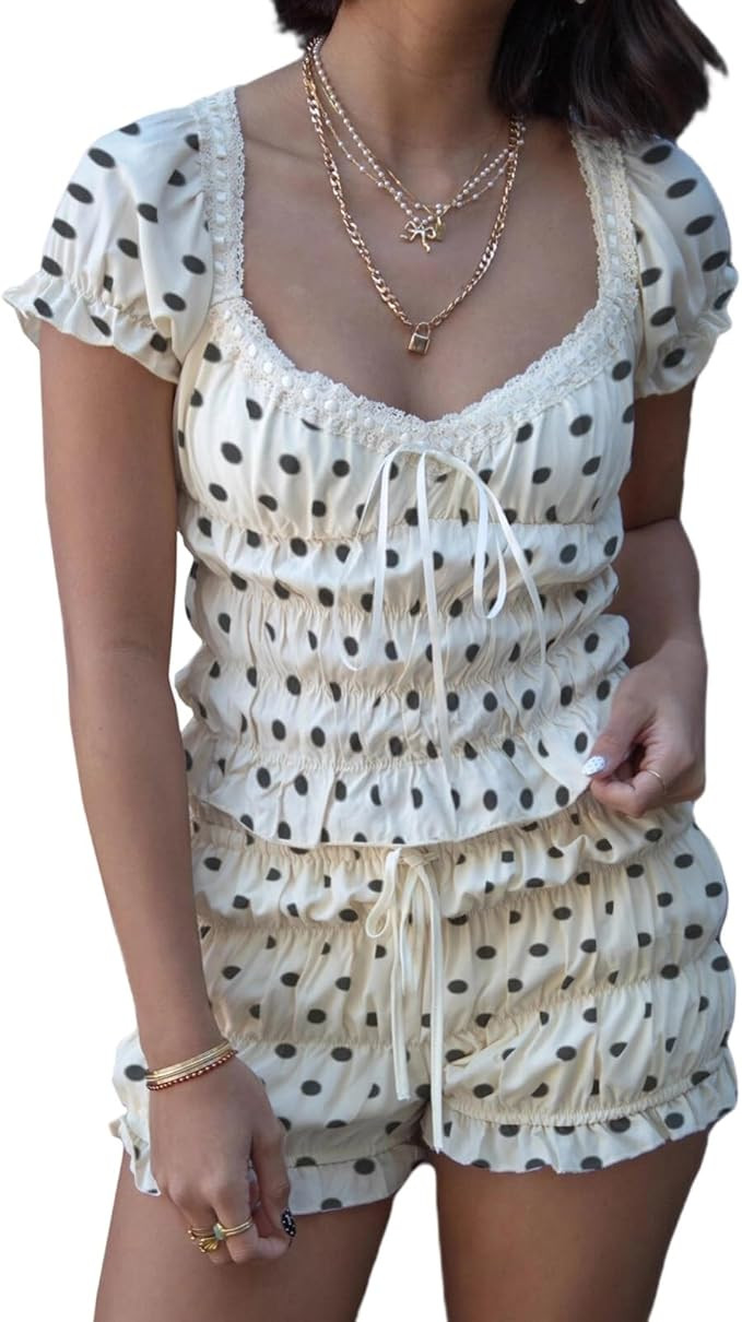 RUEWEY Women Polka Dot Print Pajamas Set Lace Trim Smocked Short Sleeve Tops and Shorts Lounge Se... | Amazon (US)