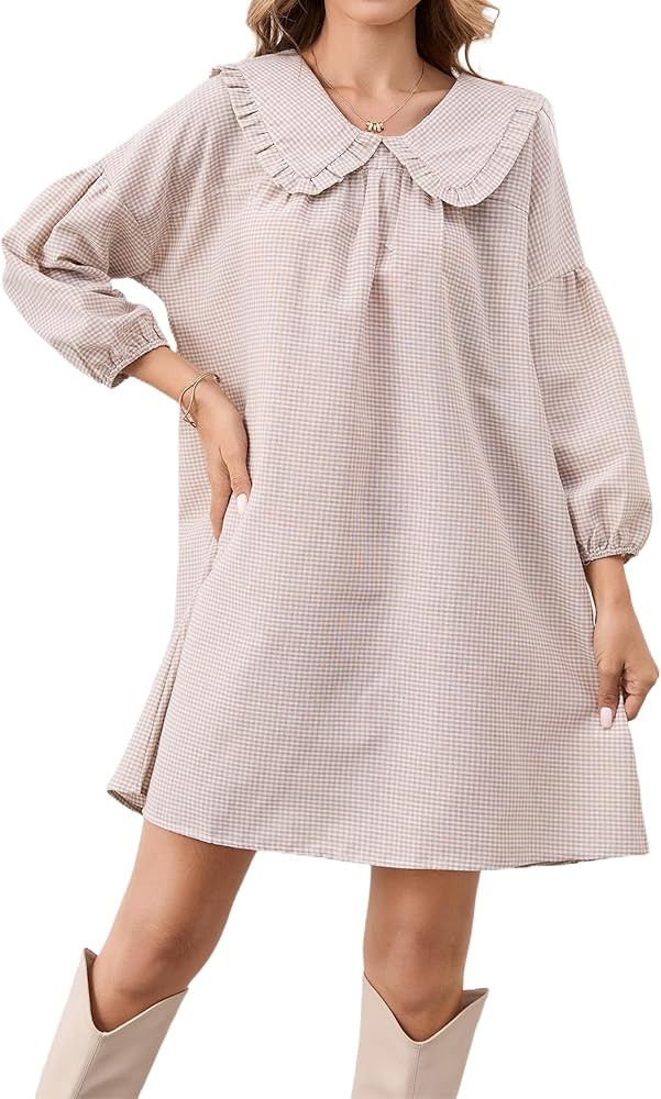 Women Puff Sleeve Babydoll Dress Cute Gingham Short Dresses Peter Pan Collar Checkered Shift Dres... | Amazon (US)