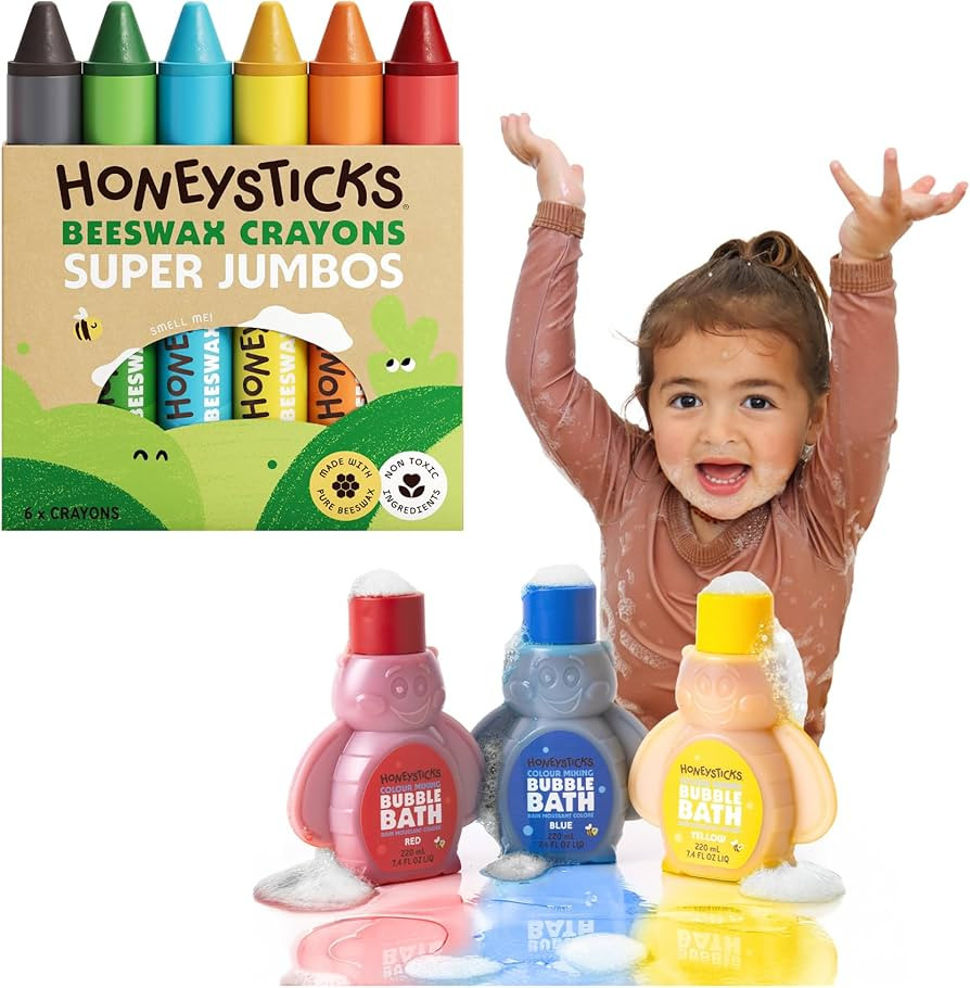 Honeysticks Super Jumbo Crayons (6 Pack) & Kids Bubble Bath Set – 100% Pure Beeswax, Non-Toxic,... | Amazon (US)