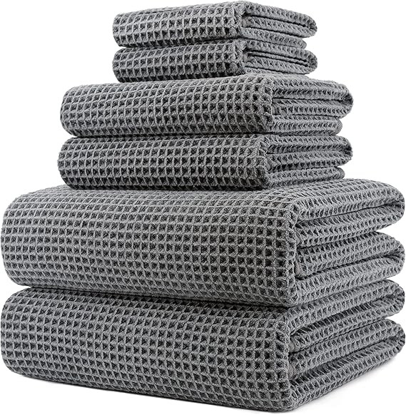 POLYTE Oversize, 60 x 30 in., Quick Dry Lint Free Microfiber Bath Towel Set, 6 Piece (Gray, Waffl... | Amazon (US)