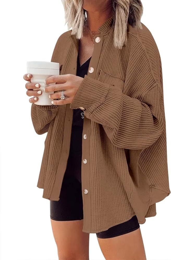 DARKRANI Women's Waffle Knit Shacket Boyfriend Shirt Jacket Long Sleeve Blouse Button Down Oversized | Amazon (US)