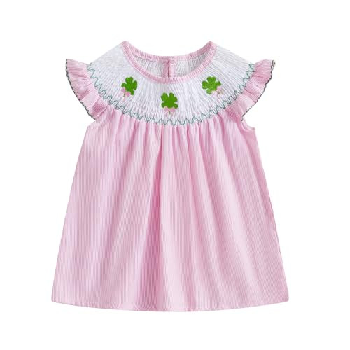 Toddler St Patricks Day Outfit Baby Girl Smocked Dress Fly Sleeve Shamrock On Stripes Dresses Girls Irish Outfits (Pink, 6-9 Months) | Amazon (US)