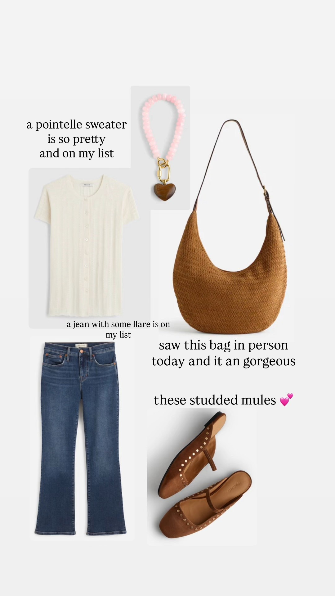 Madewell fall favorites - I really want a pointelle sweater for fall. Saw this bag in person today, so gorgeous! And love this charm, some jeans with a little kick flare and these studded mules 

#LTKSeasonal #LTKxMadewell #LTKShoeCrush