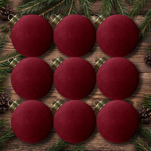 9 Pcs Velvet Christmas Balls Bulk Flocked Christmas Tree Ball Ornament for Indoor Holiday Decor Xmas Bulbs Hanging Ornament (Burgundy,3.15 Inch) | Amazon (US)