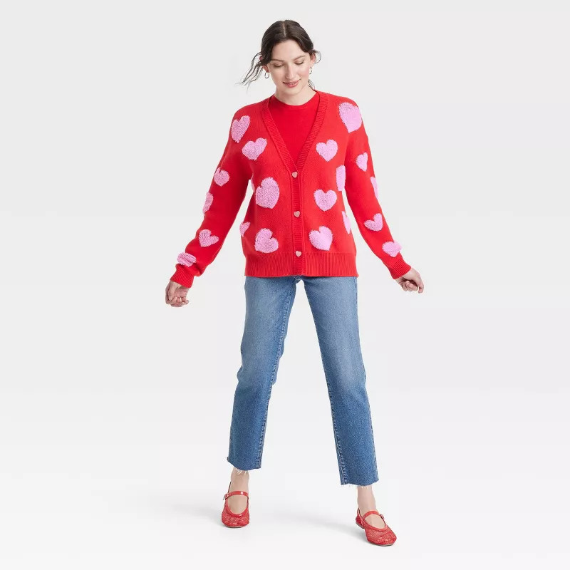 Women's Pink Hearts Graphic Cardigan - Red | Target