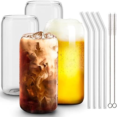 Can Shaped Glass Cups with Straws Set of 4, Combler 16 oz Beer Can Glass, Iced Coffee Cup, Iced C... | Amazon (US)