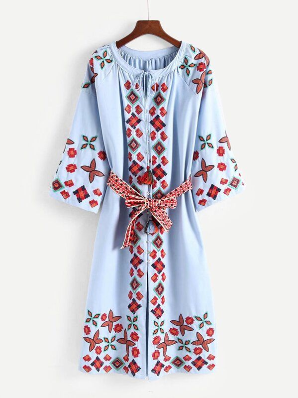 Tassel Tie Embroidered  Self Tie Dress | SHEIN