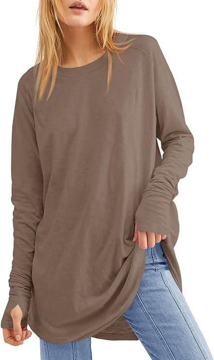 Fisoew Women's Casual Long Sleeve Tops Crew Neck Round Hem Loose T-Shirts Tunic Tops with Thumb H... | Amazon (US)