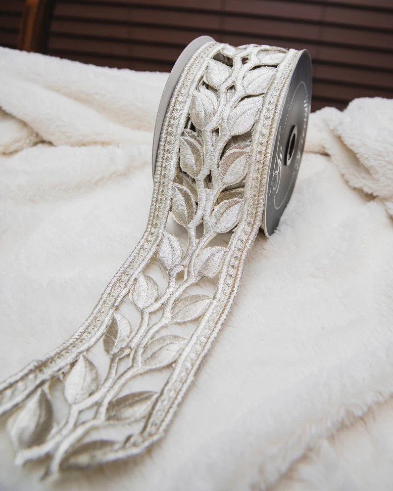 Platinum Leaf Cutout Christmas Ribbon: 2.5 Inch, 5 Yards - Etsy | Etsy (Global)