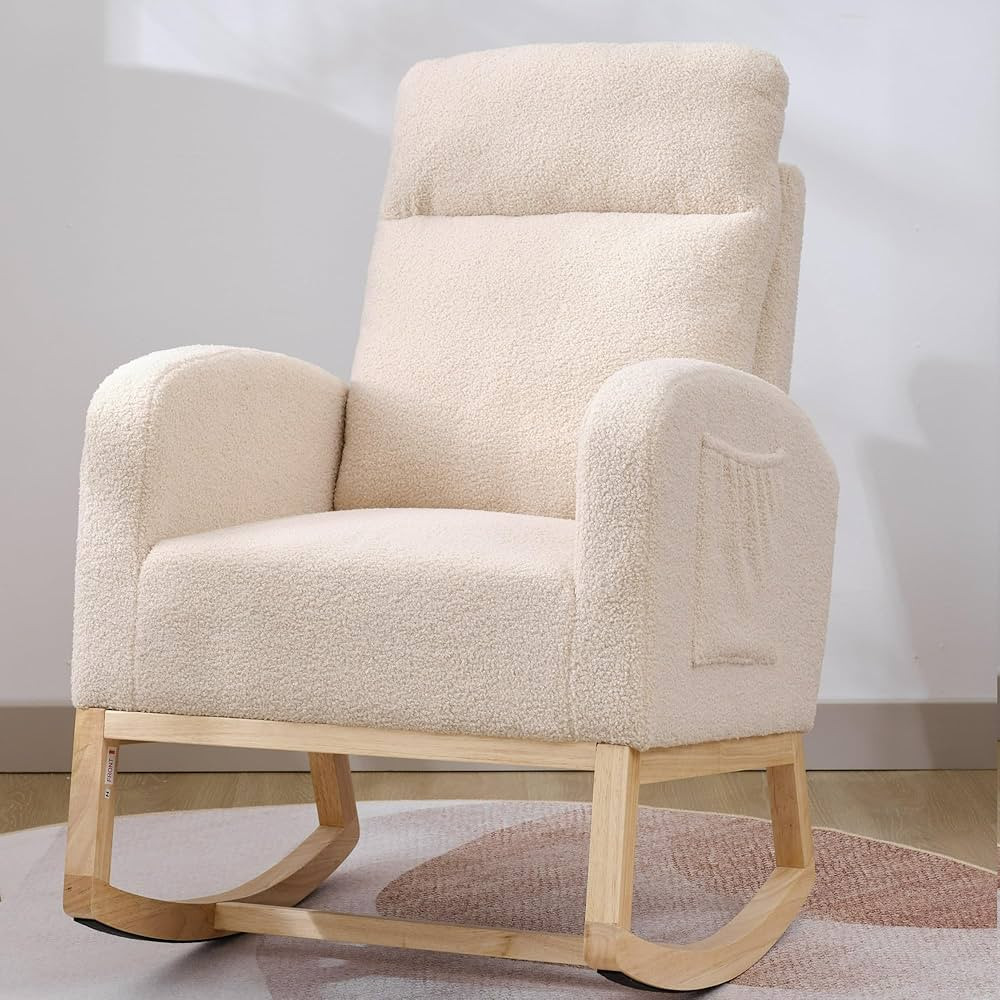 Nursery Rocking Chair with Solid Wood Legs, Glider Chair for Nursery with Two Side Pockets, Rocke... | Amazon (US)