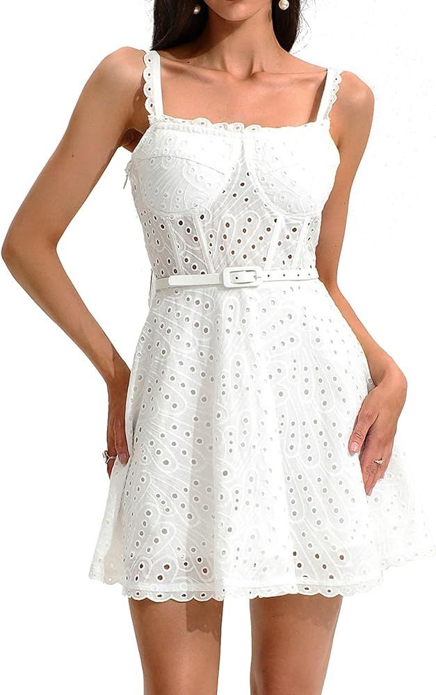 Lace V Neck Dress Sexy Halter Women Mini Dress Corset Slim Mini Dress Sleeveless Cami Dress Backl... | Amazon (US)