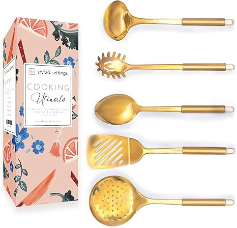 Brass/Gold Cooking Utensils for Modern Cooking and Serving, Gold Utensils - Stainless Steel Cooki... | Amazon (US)