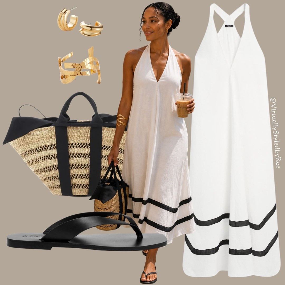 Proof that a few timeless pieces create the most luxurious vacation look. A flowy black and white dress, sleek sandals, sculptural gold jewelry, and a woven tote = perfection.

#LTKsummer #LTKuk #LTKeurope