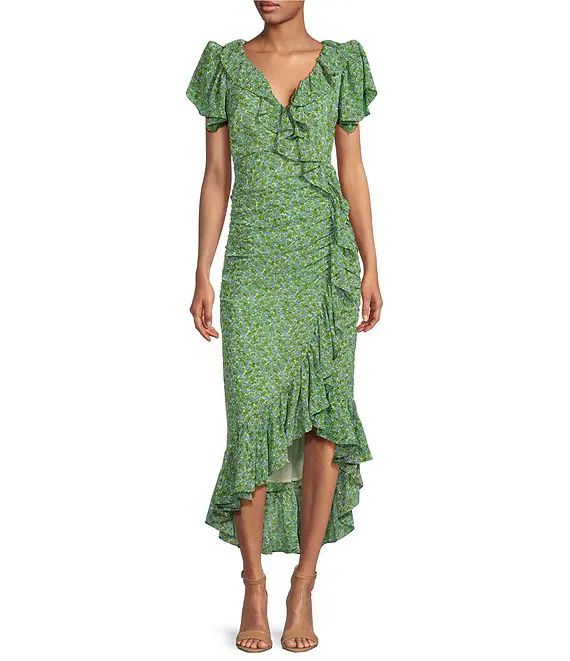 Vilma Floral Print V Neck Short Sleeve Ruffle Midi Dress | Dillard's