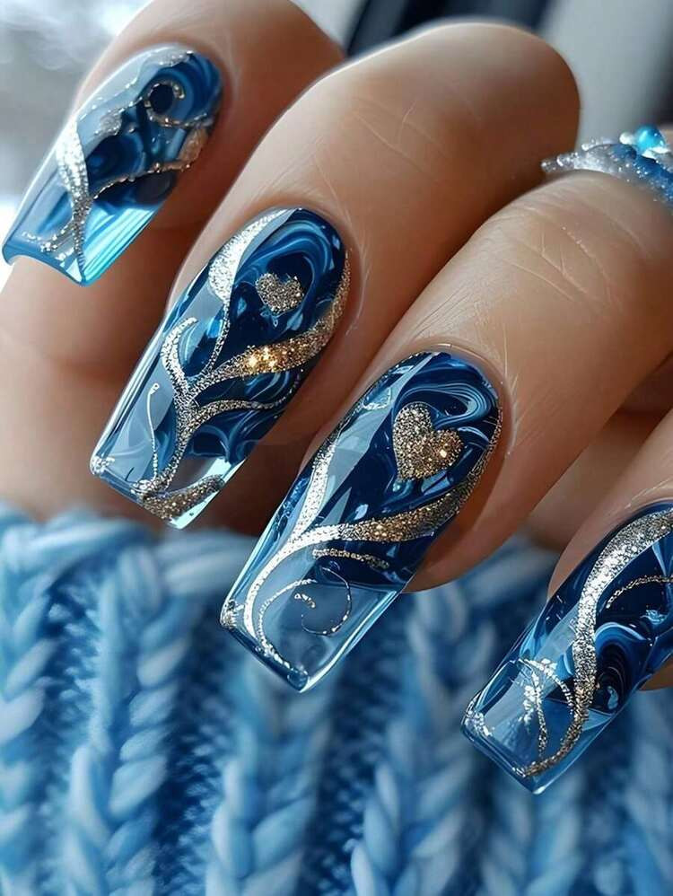 24 Pieces Long C-Curve Nail Nail Blue Fashionable Gradient Flash Geometric Stripe Heart-Shaped Pattern Design Nail Kit Long Press Nail Suitable Holiday Wear, Parties, Friends, Dates, Daily Wear Press On Nails Nail Supplies Nails | SHEIN