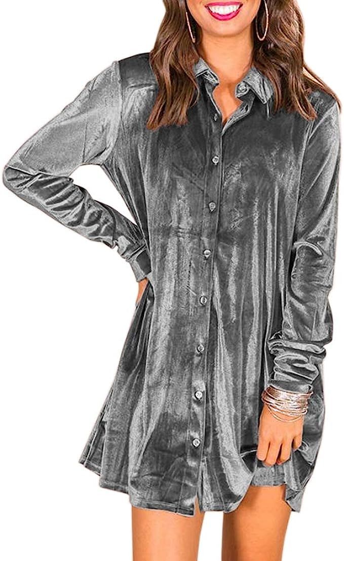 Ivay Women’s Spring Button Down Tshirt Dresses Velvet Tunic Dress with Pockets | Amazon (US)