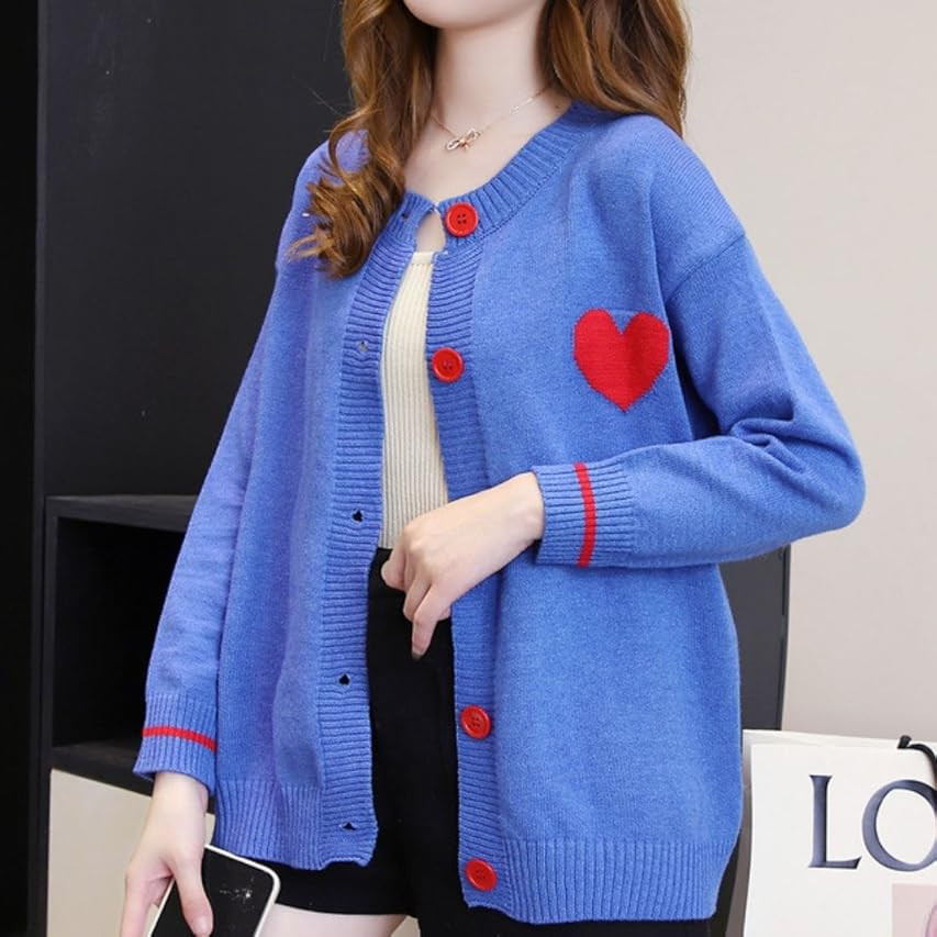 FindThy Women's Cute Cardigan Sweater Kawaii Love Heart Print Y2K Button Knitted Outerwear | Amazon (US)