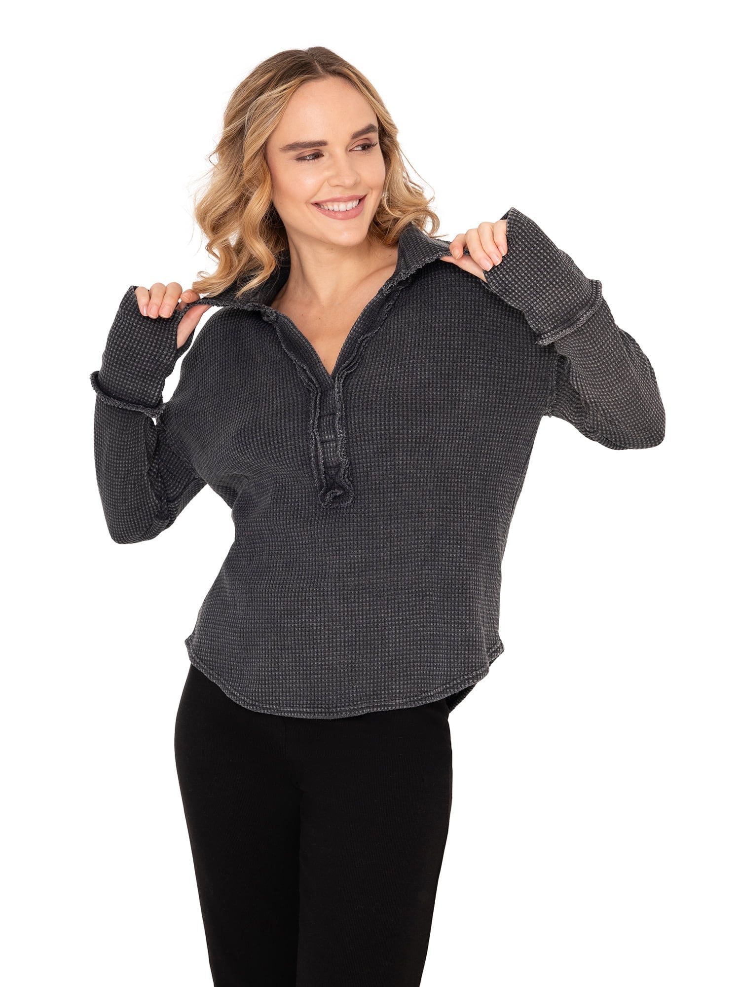 Hard Tail Women's V-Neck Washed Thermal Polo Pullover | Walmart (US)